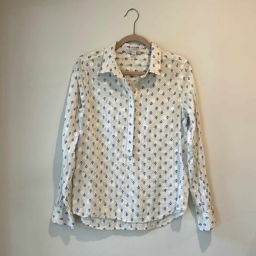 J. Crew anchor and polka dot sheer long sleeve button down